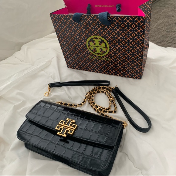 NEW Tory Burch Britten Croc Leather black Chain Wallet Wristlet/crossbody bag - Picture 2 of 7